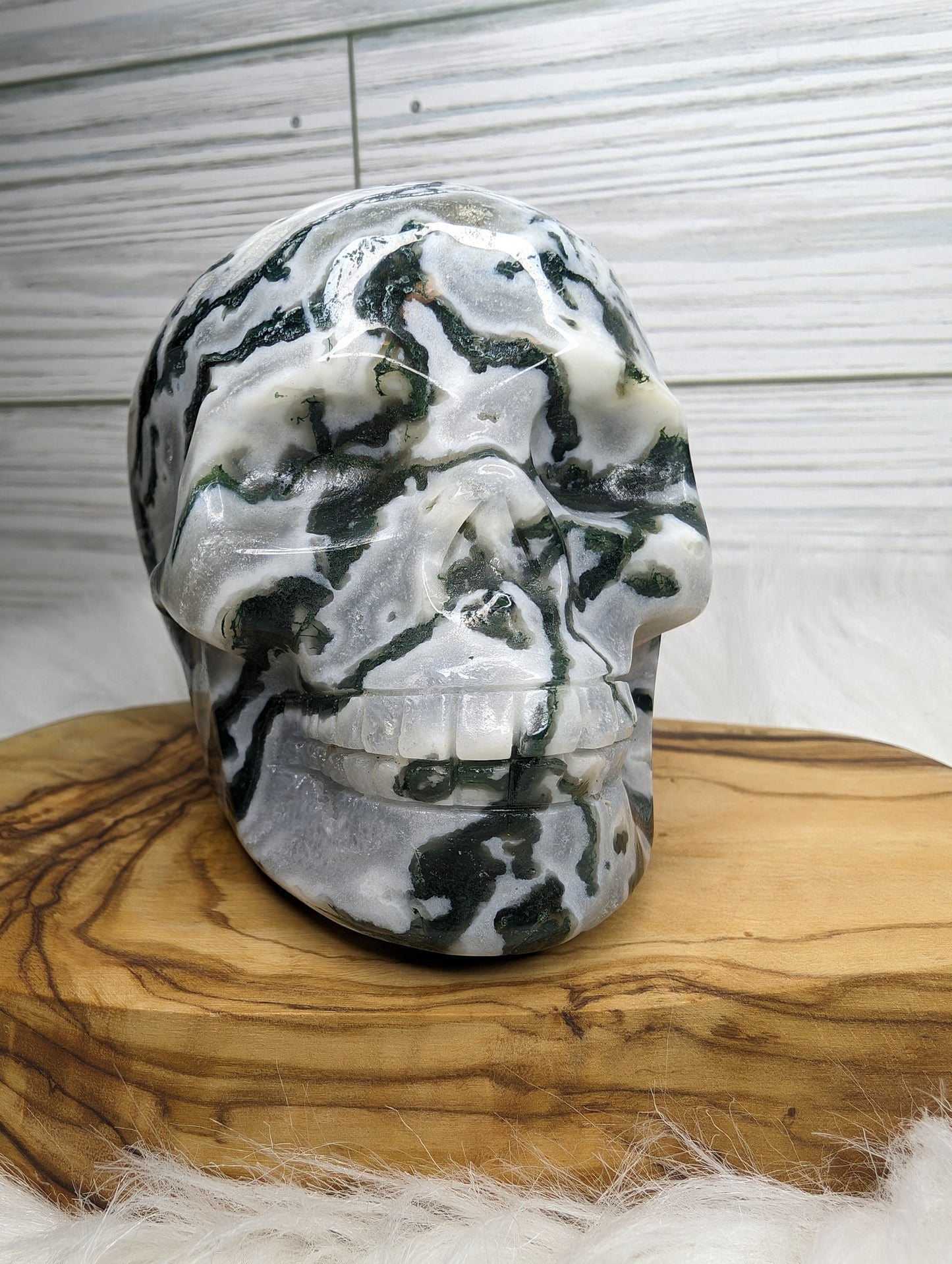 Imperfect Moss Agate w/ Calcite Skull Carving