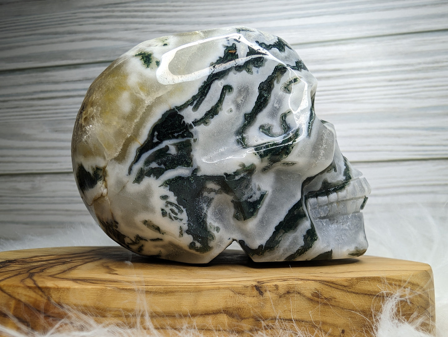 Imperfect Moss Agate w/ Calcite Skull Carving