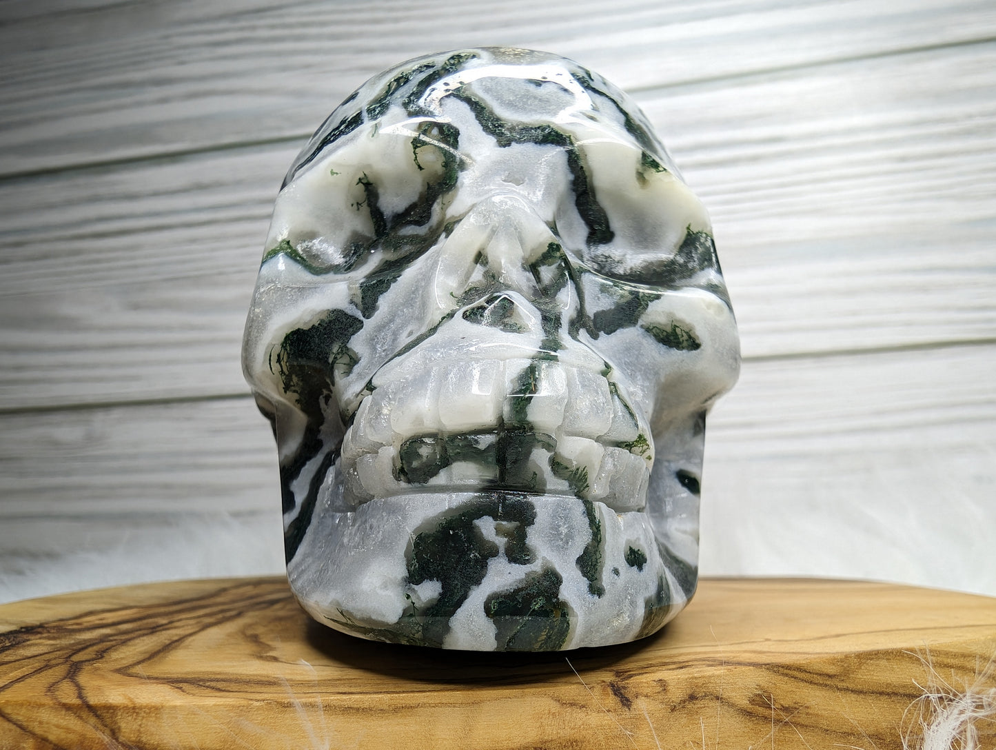 Imperfect Moss Agate w/ Calcite Skull Carving