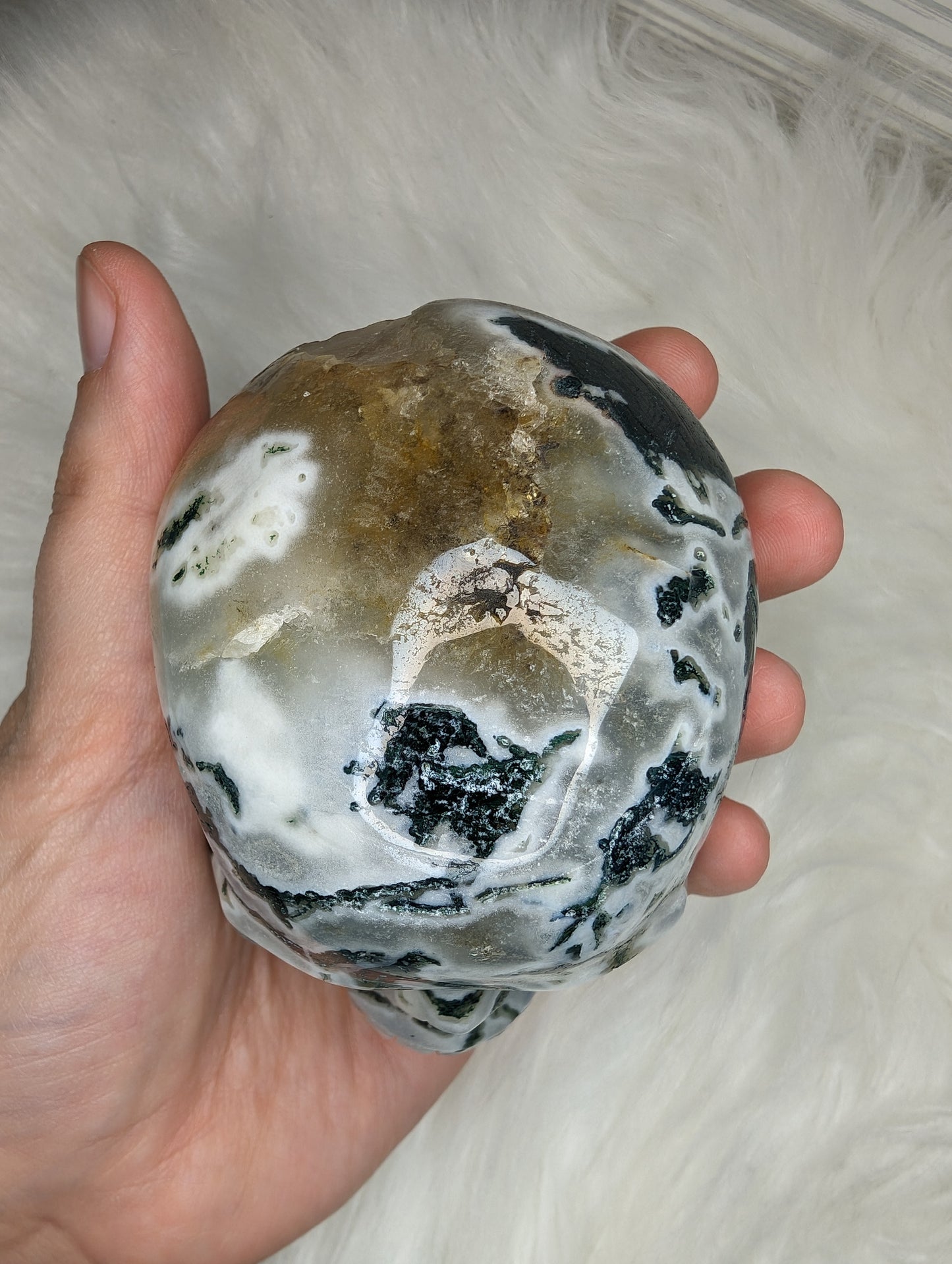 Imperfect Moss Agate w/ Calcite Skull Carving