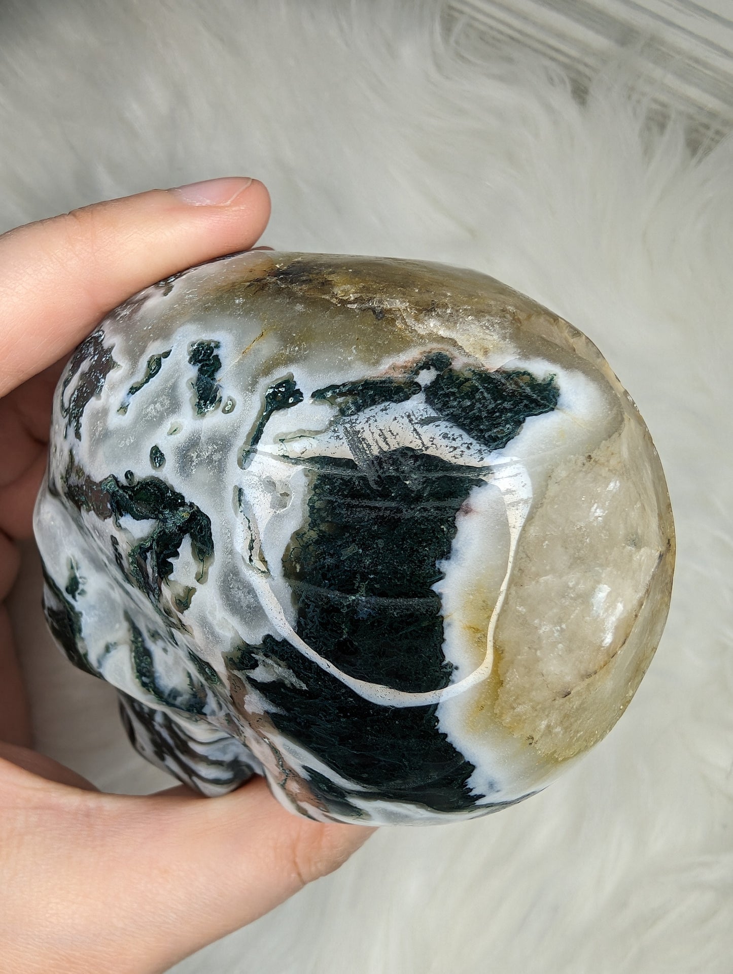 Imperfect Moss Agate w/ Calcite Skull Carving