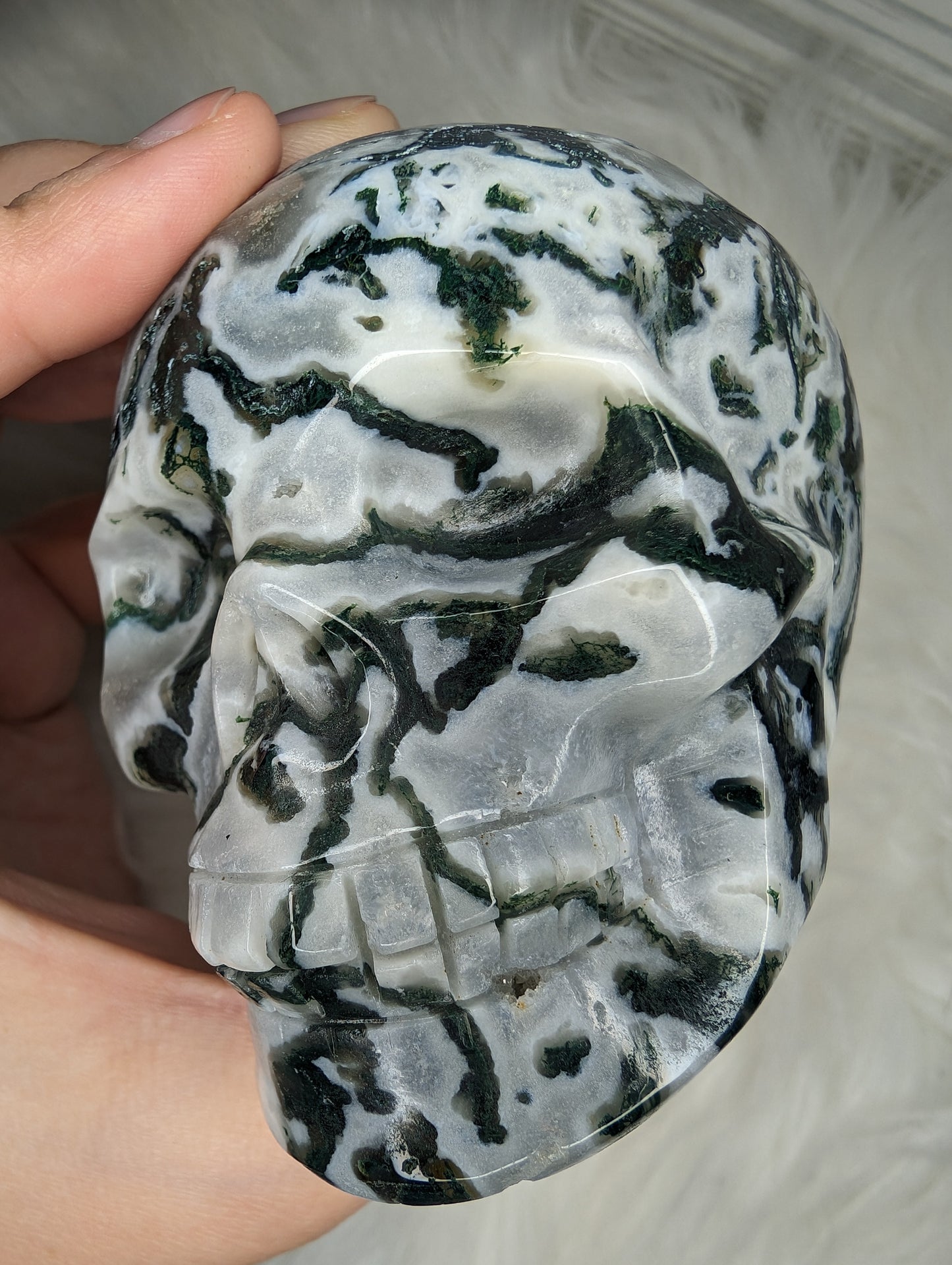 Imperfect Moss Agate w/ Calcite Skull Carving