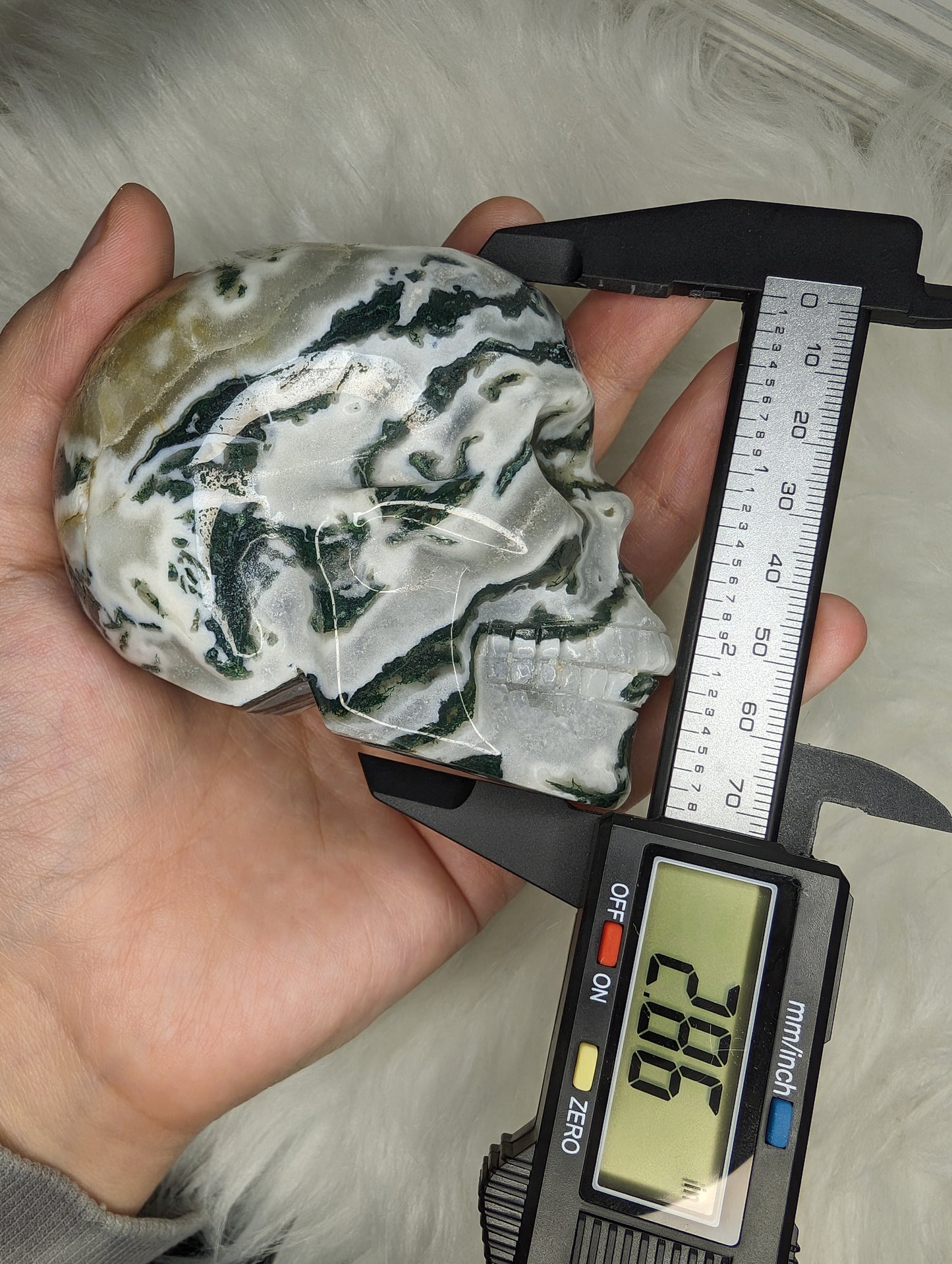 Imperfect Moss Agate w/ Calcite Skull Carving