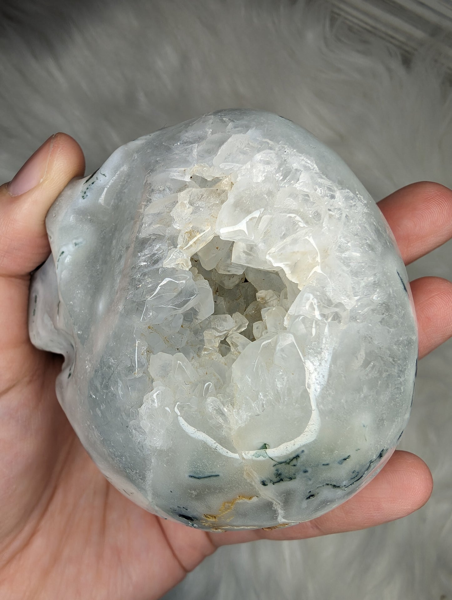 Imperfect Druzy Moss Agate Skull Carving