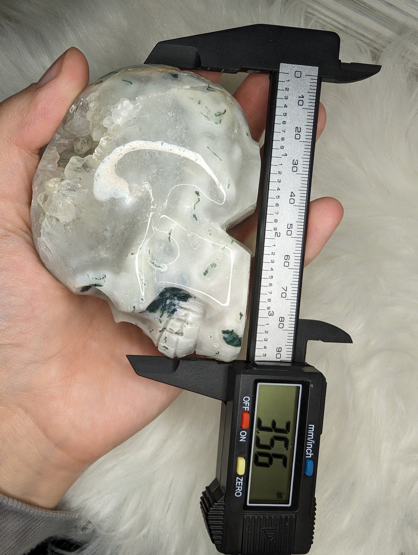 Imperfect Druzy Moss Agate Skull Carving