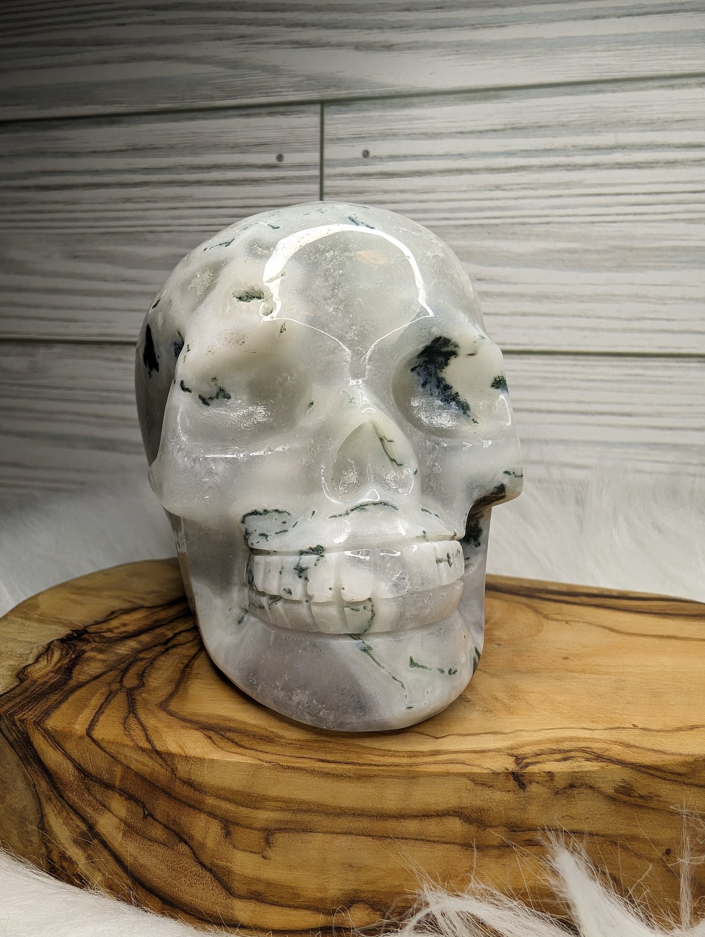Imperfect Druzy Moss Agate Skull Carving