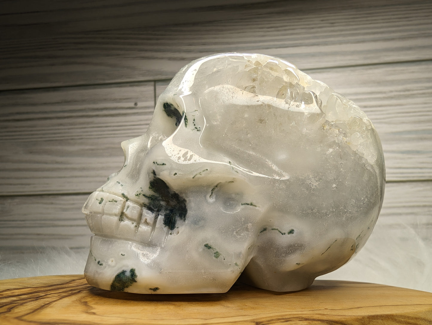 Imperfect Druzy Moss Agate Skull Carving