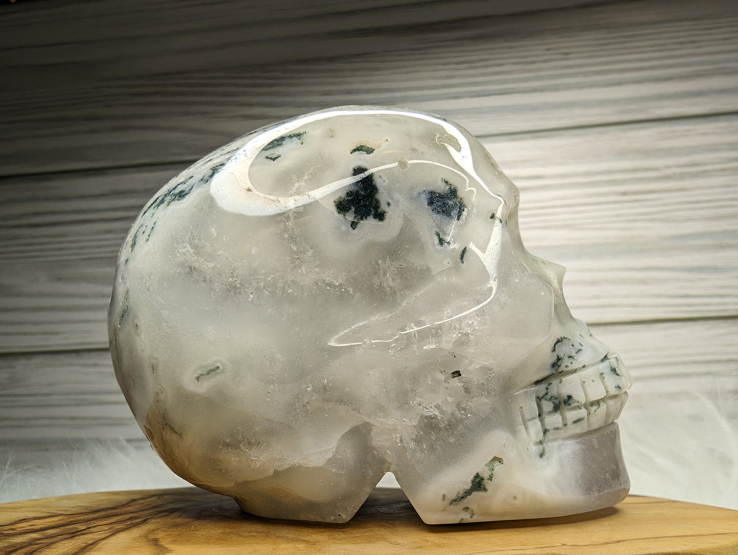 Imperfect Druzy Moss Agate Skull Carving