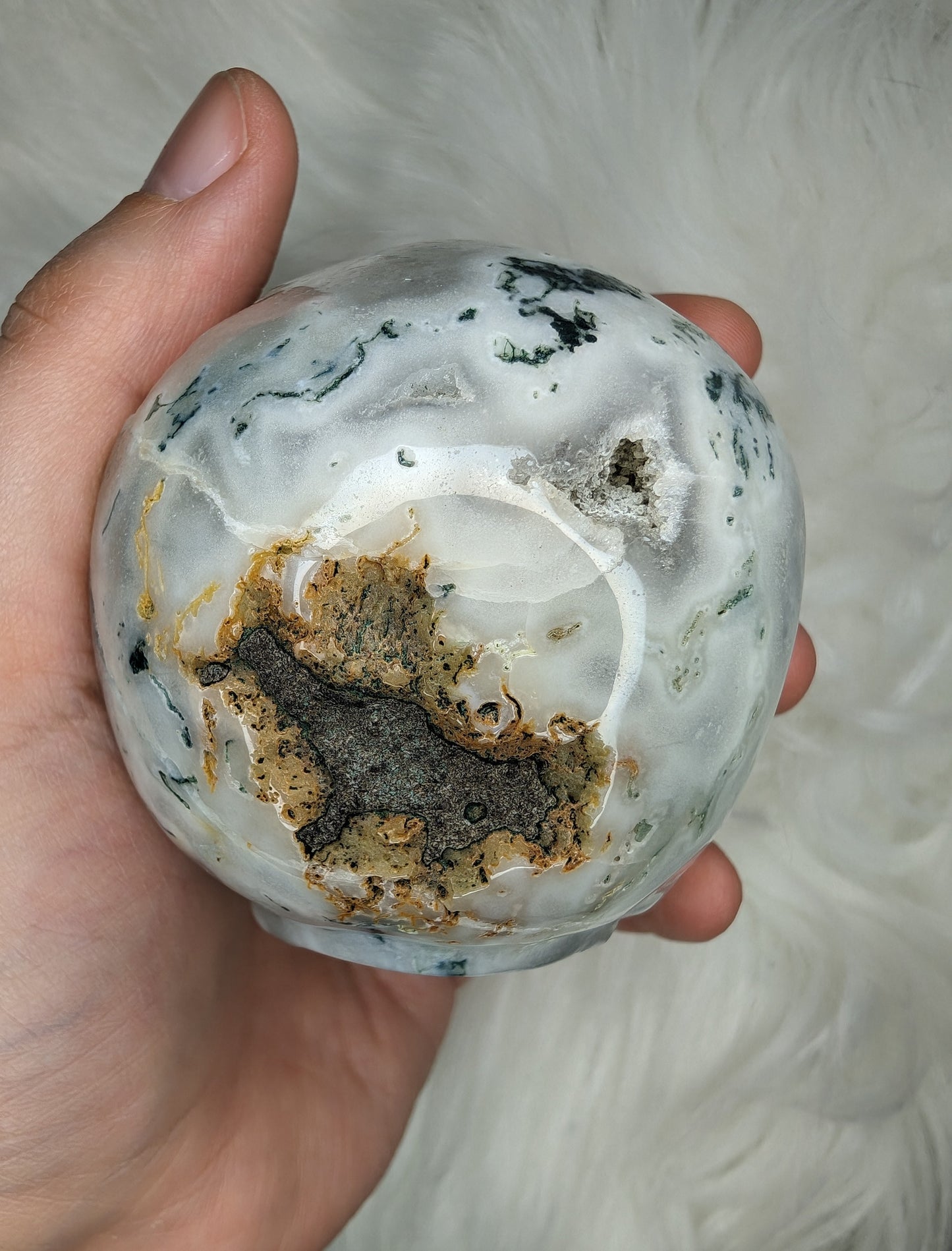 Imperfect Druzy Moss Agate Skull Carving