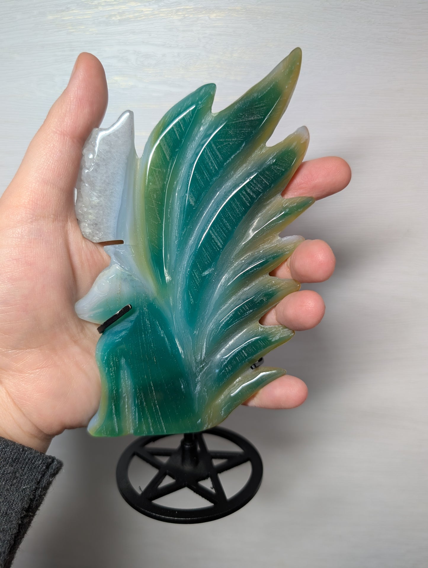 Druzy Green Agate (Enhanced) Nine Tail Fox Carving w/ Stand (D33)