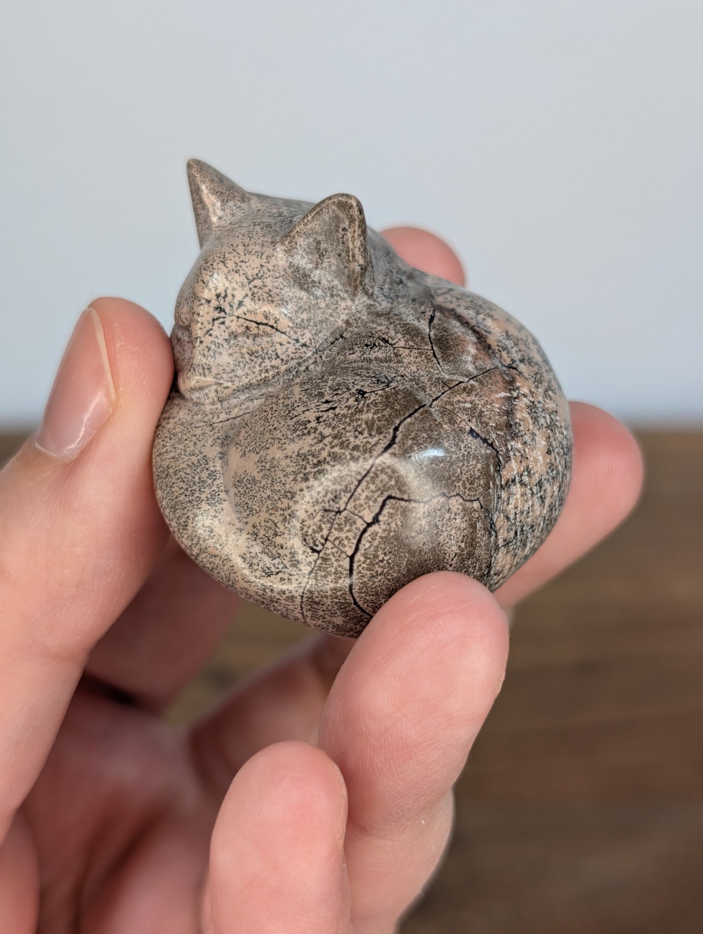 Pink Picture Jasper Sleeping Cat Carving (AC31)