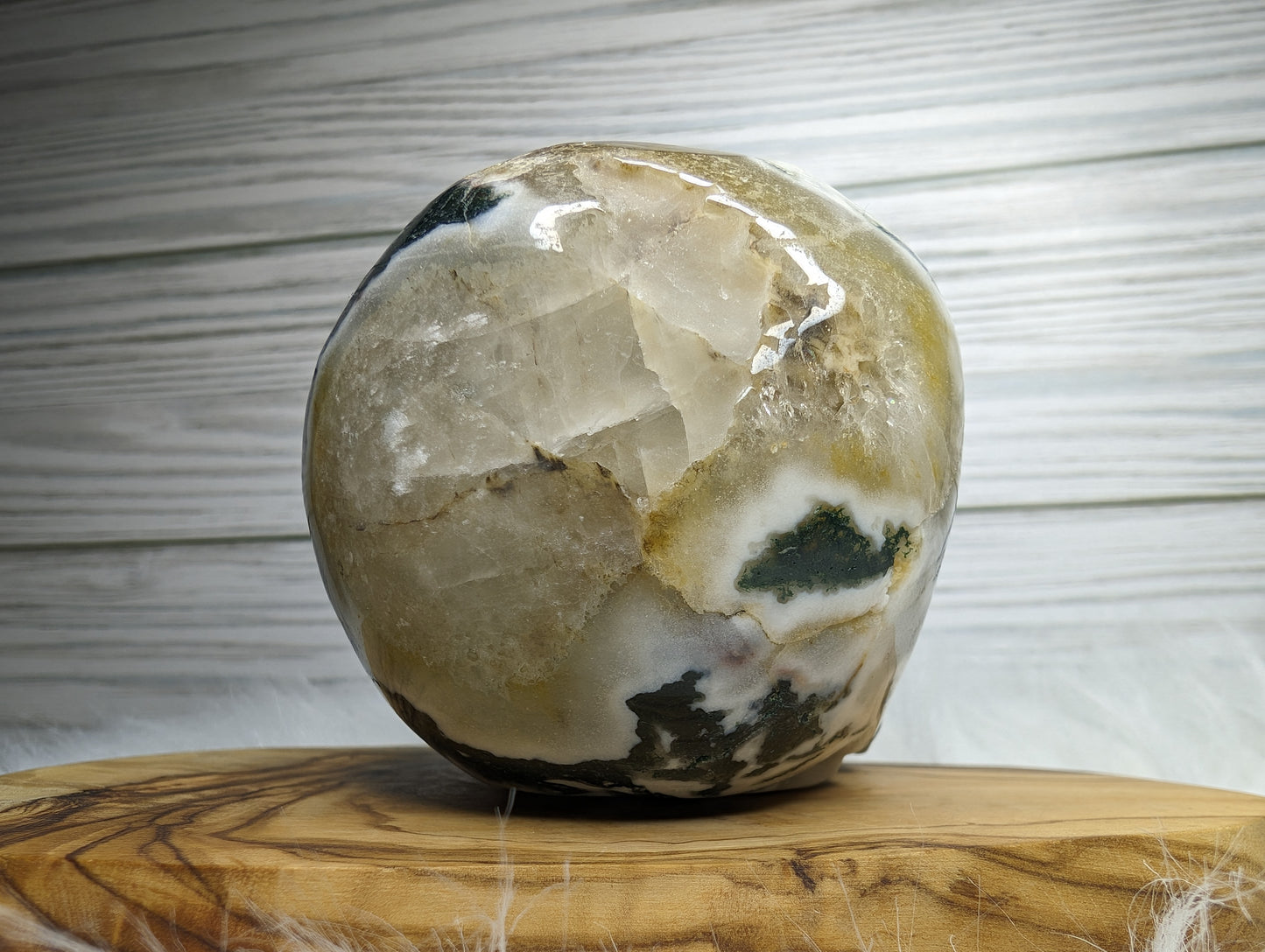 Imperfect Moss Agate w/ Calcite Skull Carving