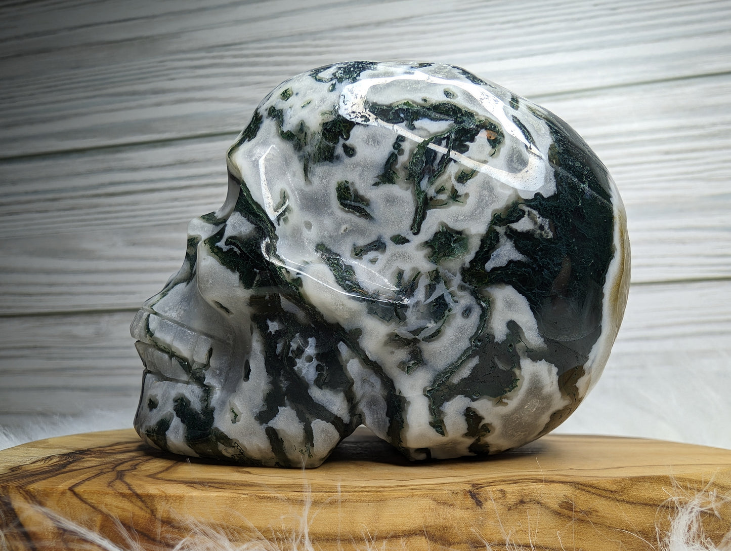 Imperfect Moss Agate w/ Calcite Skull Carving