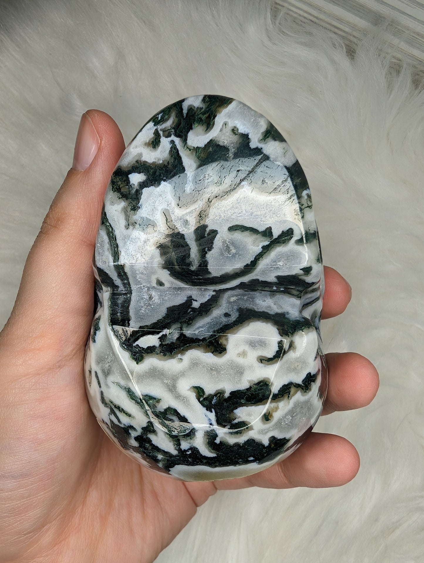 Imperfect Moss Agate w/ Calcite Skull Carving