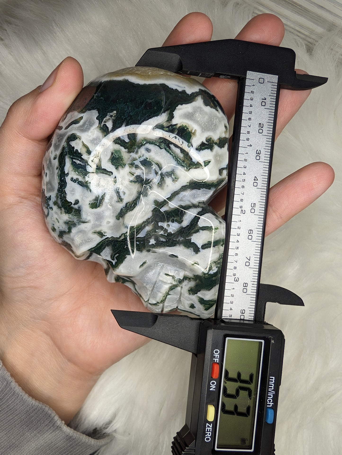 Imperfect Moss Agate w/ Calcite Skull Carving