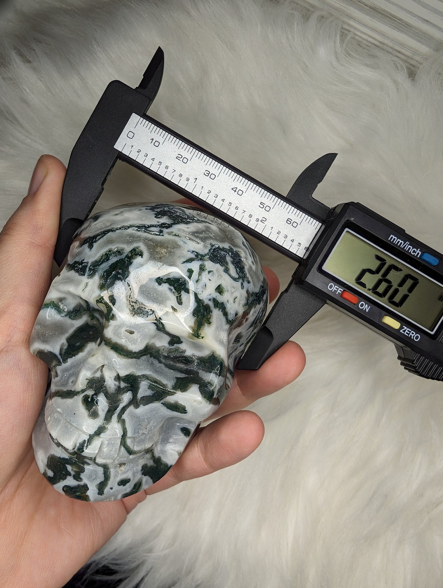Imperfect Moss Agate w/ Calcite Skull Carving