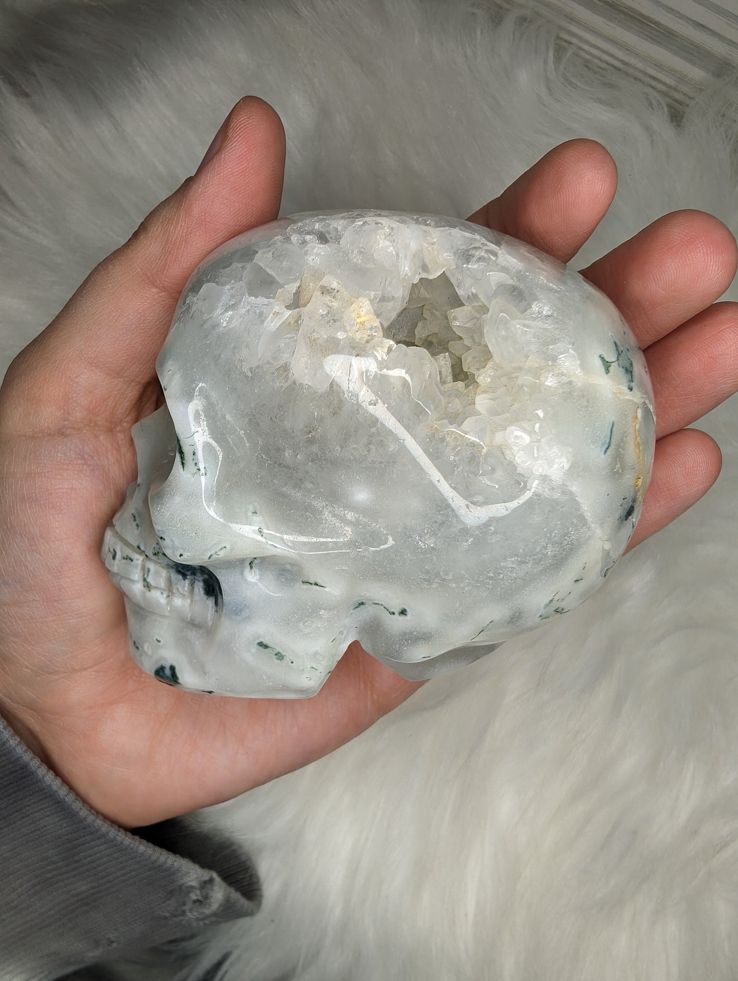 Imperfect Druzy Moss Agate Skull Carving