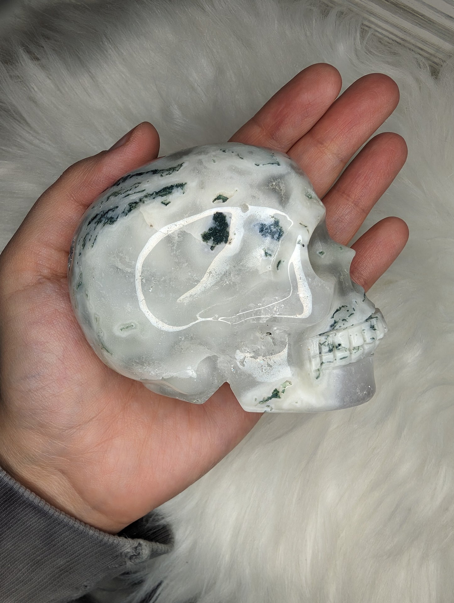 Imperfect Druzy Moss Agate Skull Carving