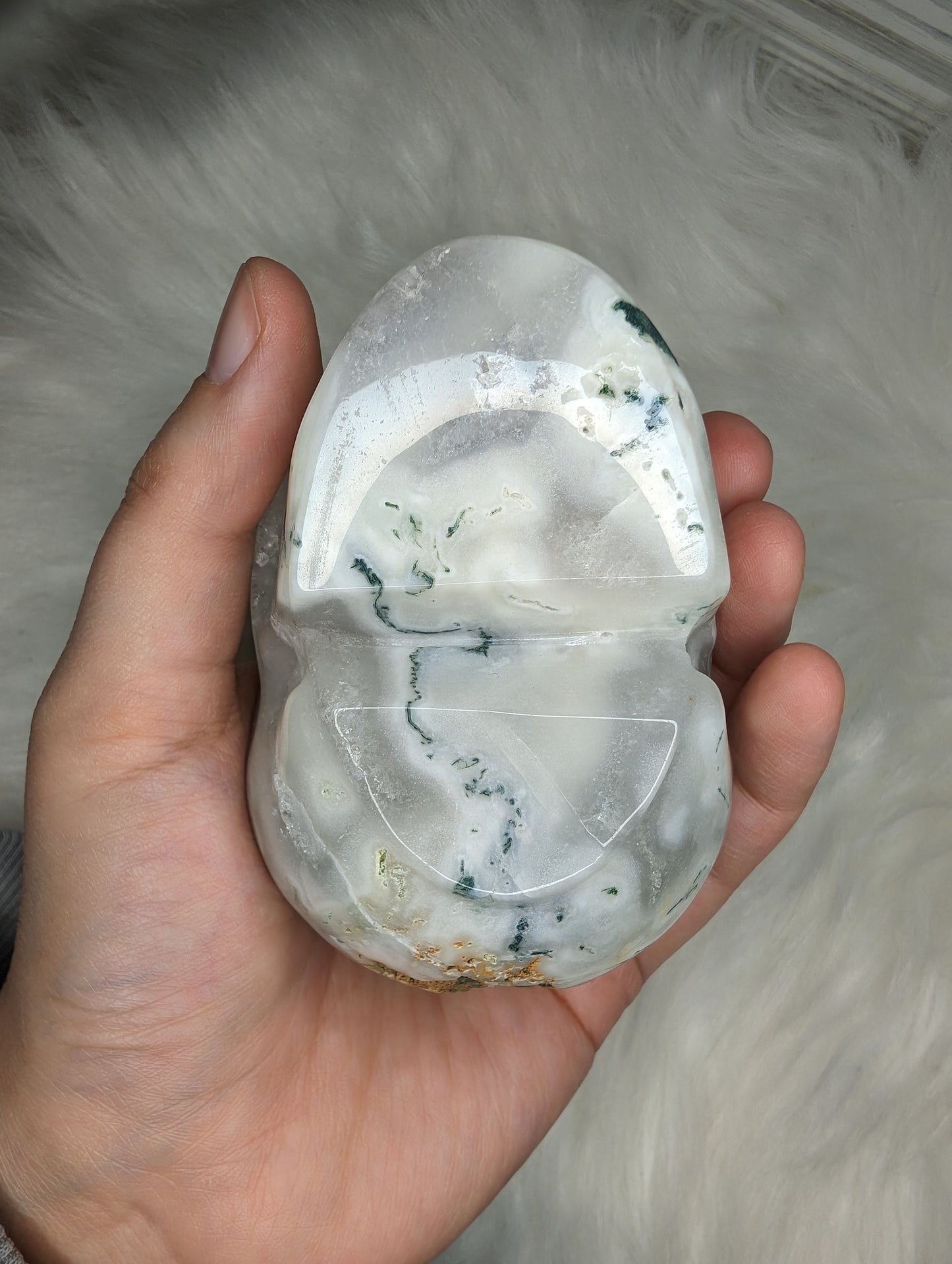 Imperfect Druzy Moss Agate Skull Carving