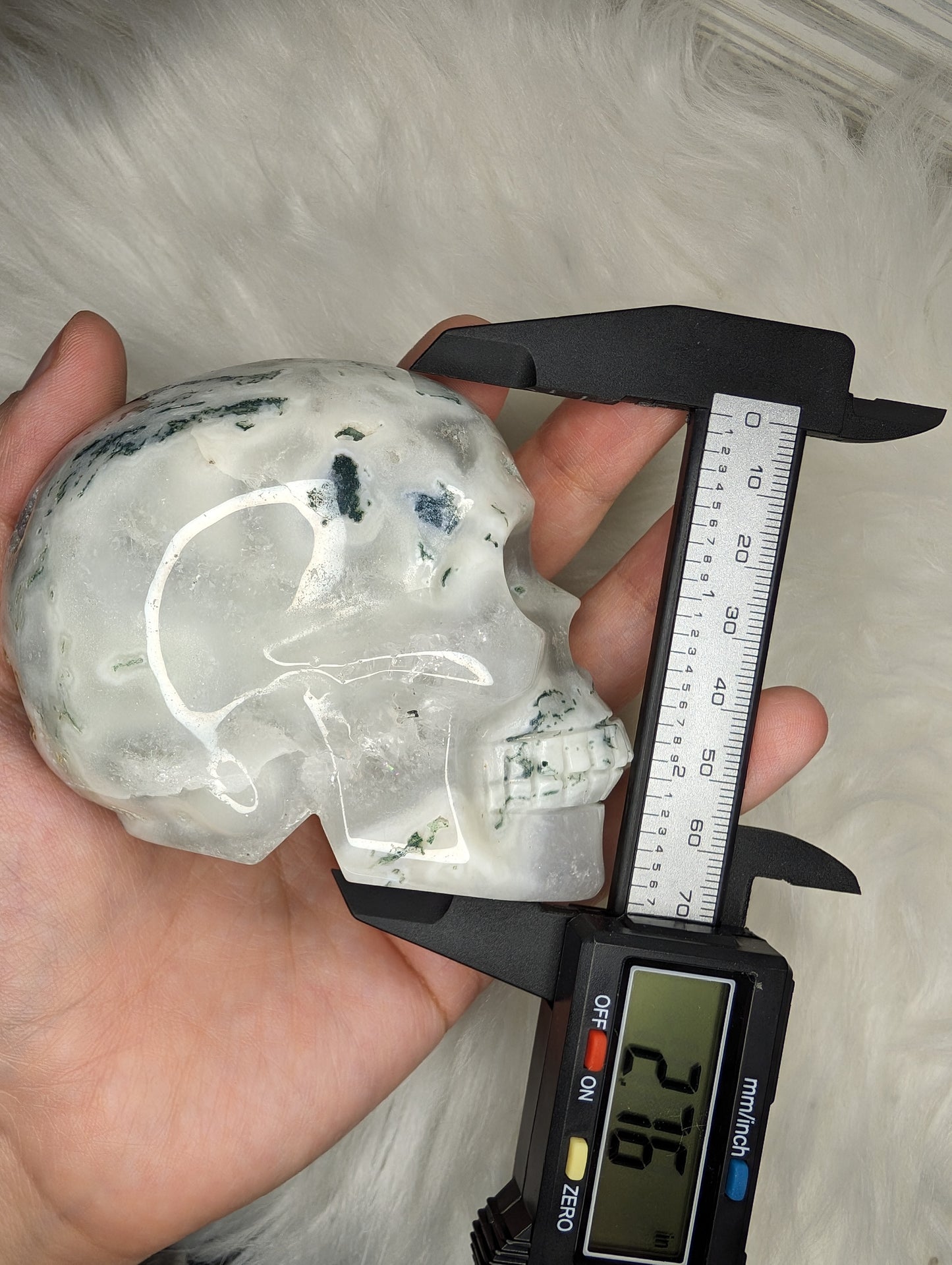 Imperfect Druzy Moss Agate Skull Carving
