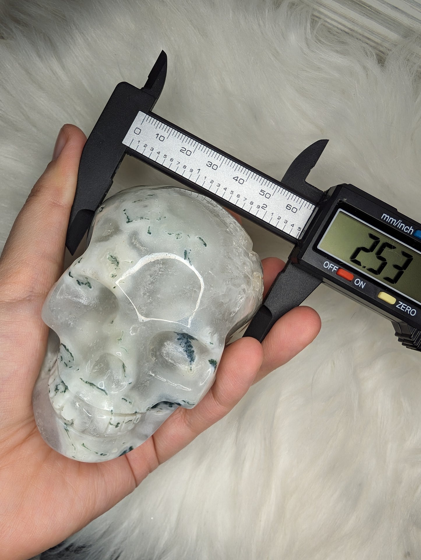 Imperfect Druzy Moss Agate Skull Carving