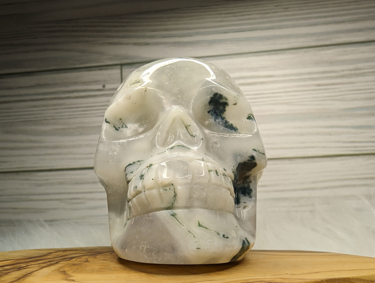 Imperfect Druzy Moss Agate Skull Carving