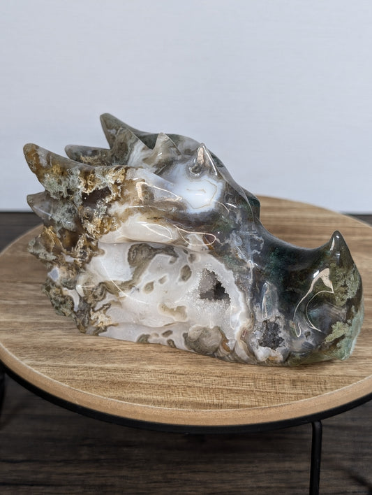 Moss Agate Dragon Head Carving