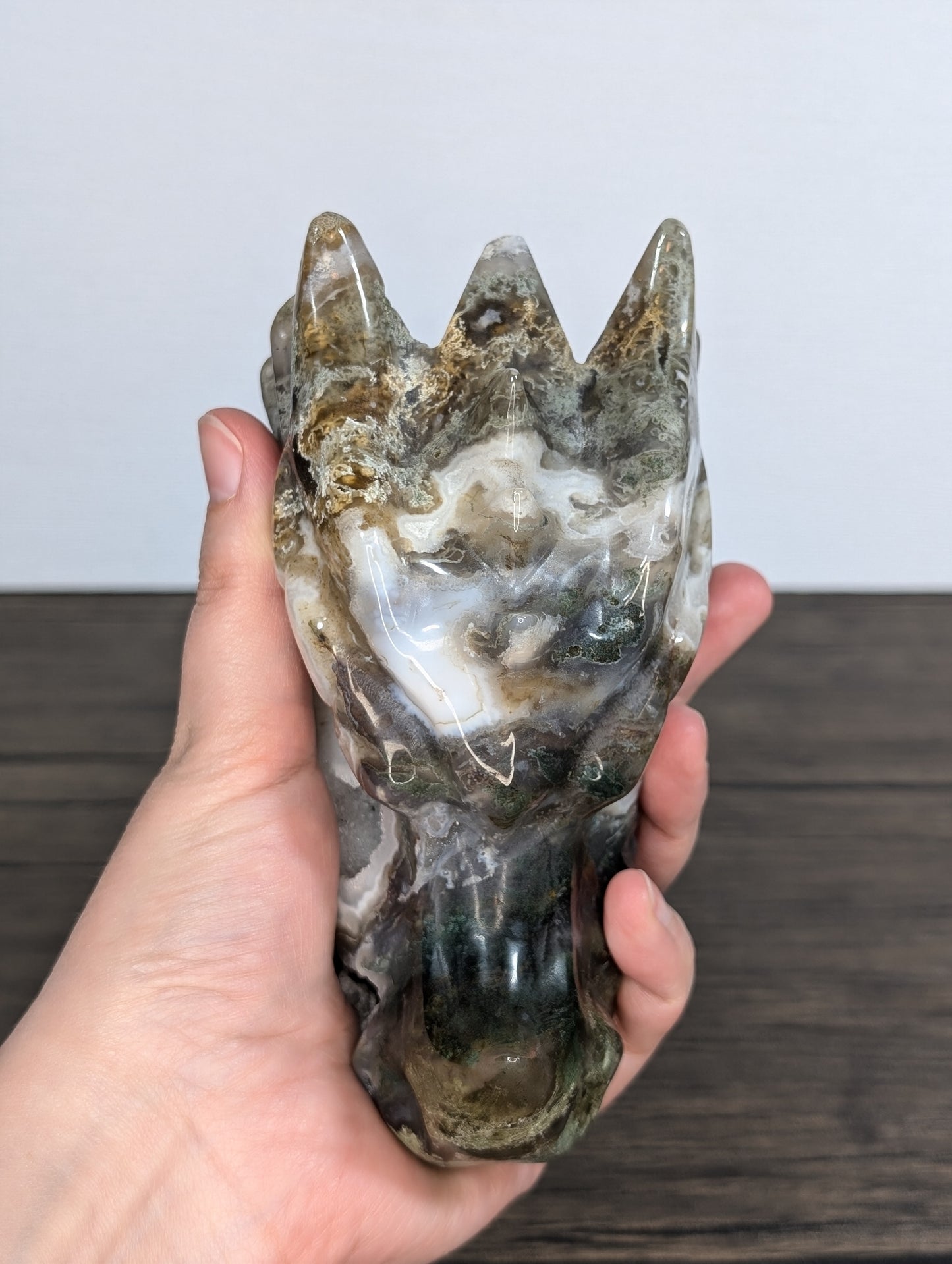 Moss Agate Dragon Head Carving