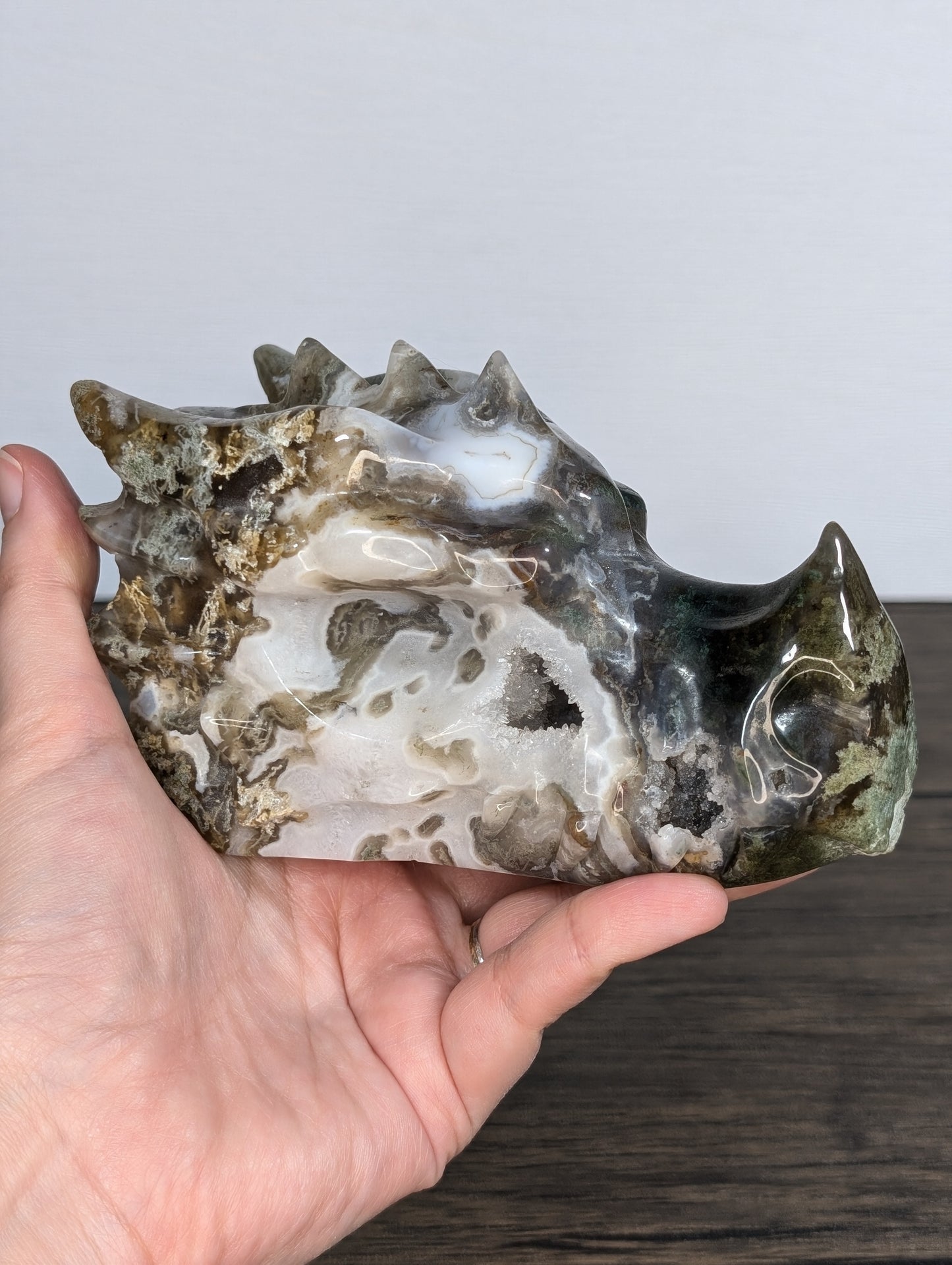 Moss Agate Dragon Head Carving