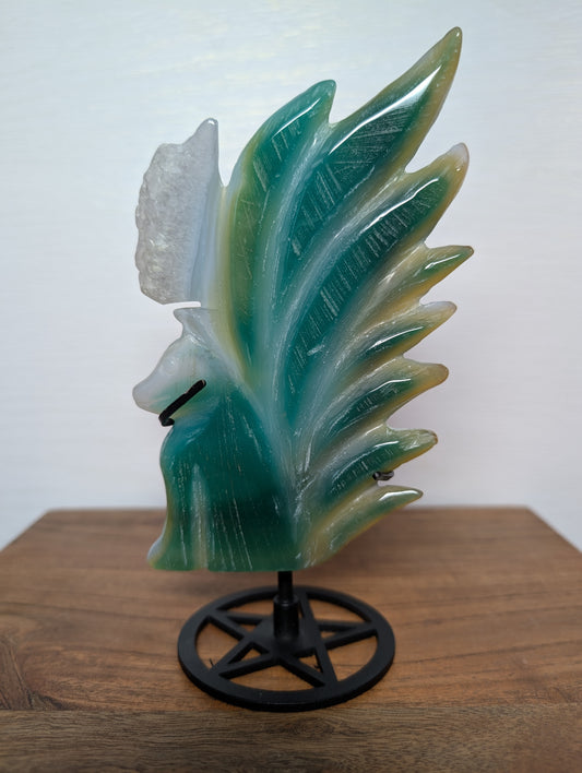 Druzy Green Agate (Enhanced) Nine Tail Fox Carving w/ Stand (D33)
