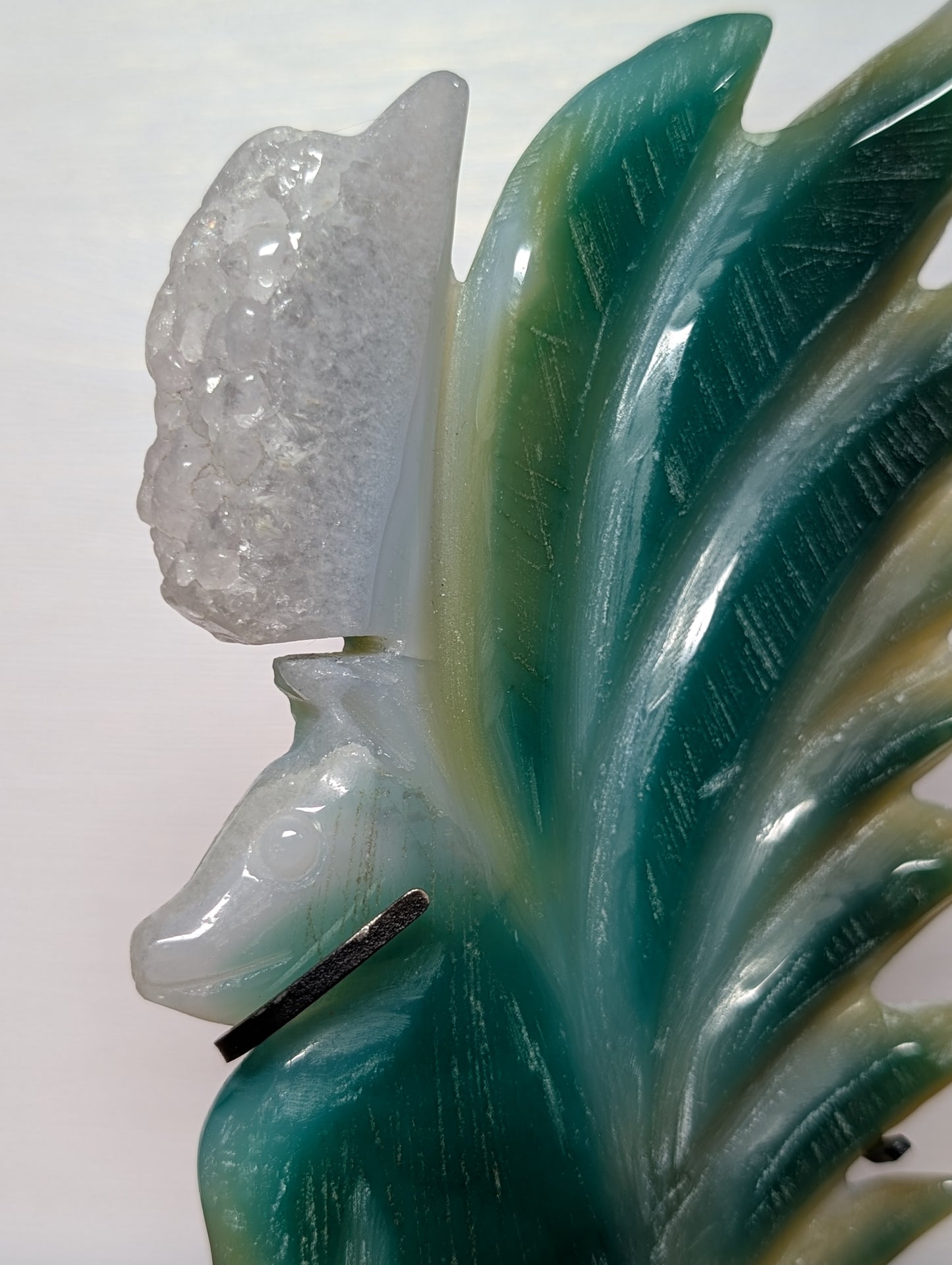 Druzy Green Agate (Enhanced) Nine Tail Fox Carving w/ Stand (D33)
