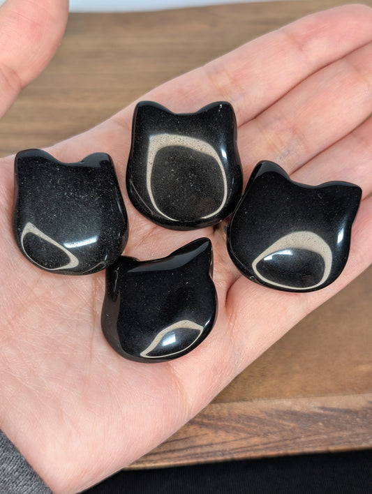 Obsidian Cat Head Carving