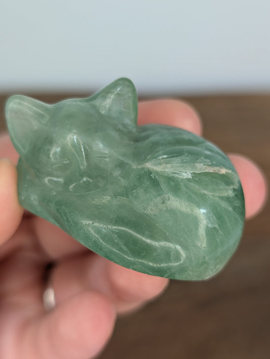 Green Fluorite Sleeping Cat Carving (AR86)