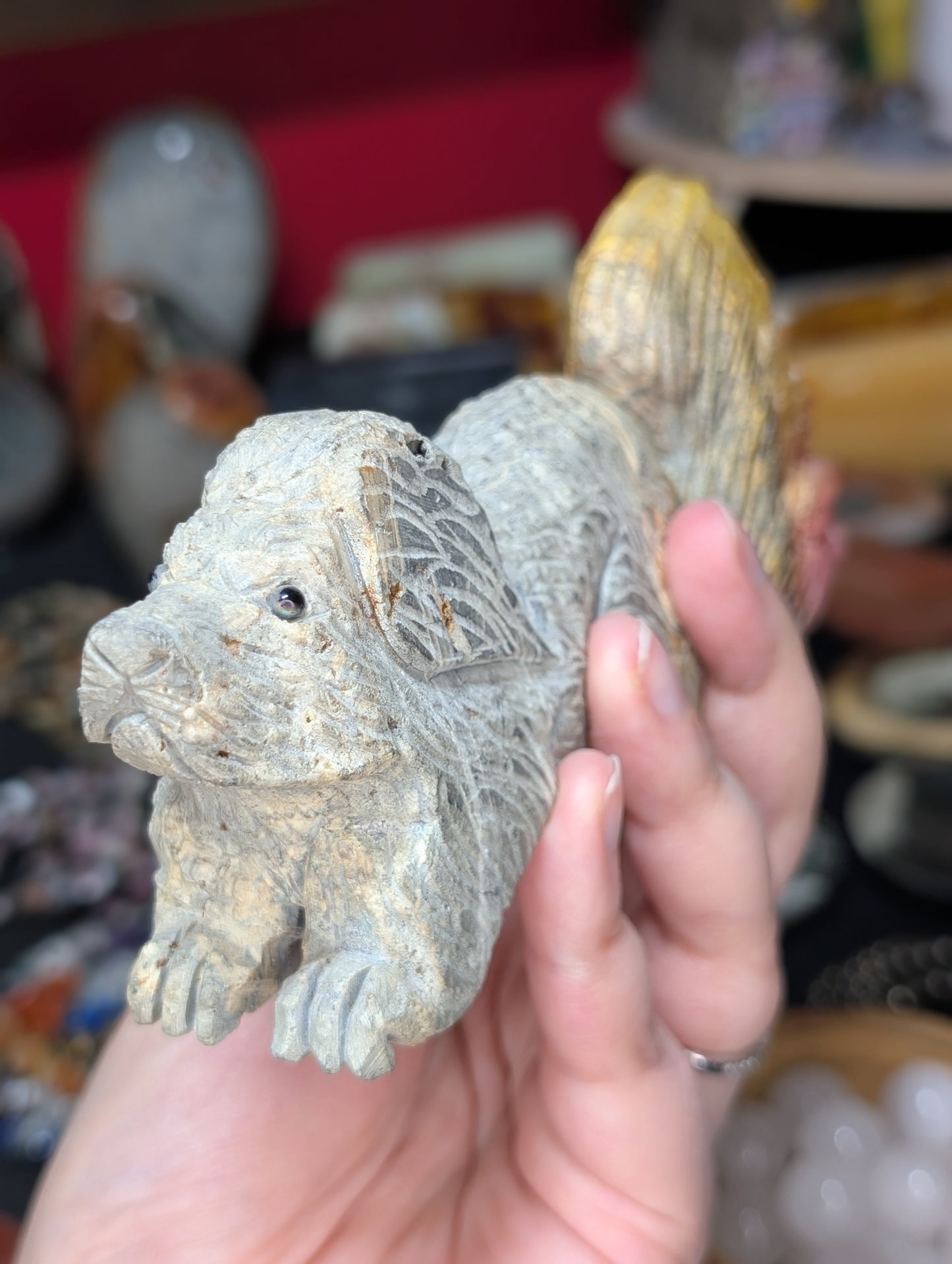 Aura Coated Quartz Point Dog Carving
