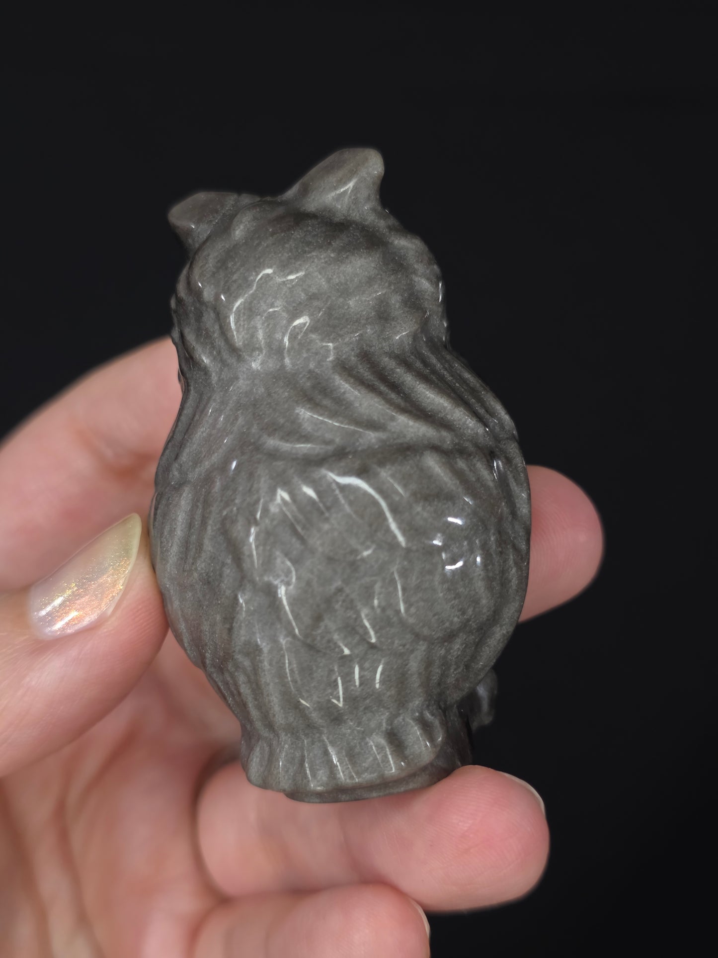 Silver Sheen Obsidian Owl with Skull Carving