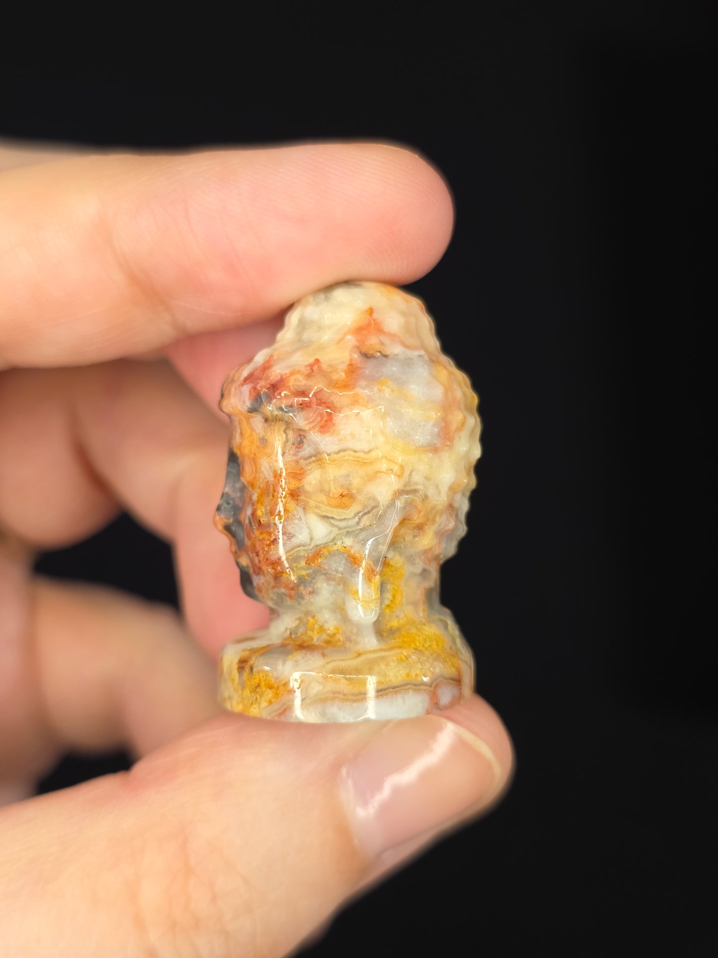 Yellow Crazy Lace Agate Buddha Head Carving