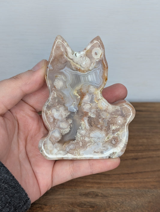 Flower Agate Cat Silhouette Carving (V73)