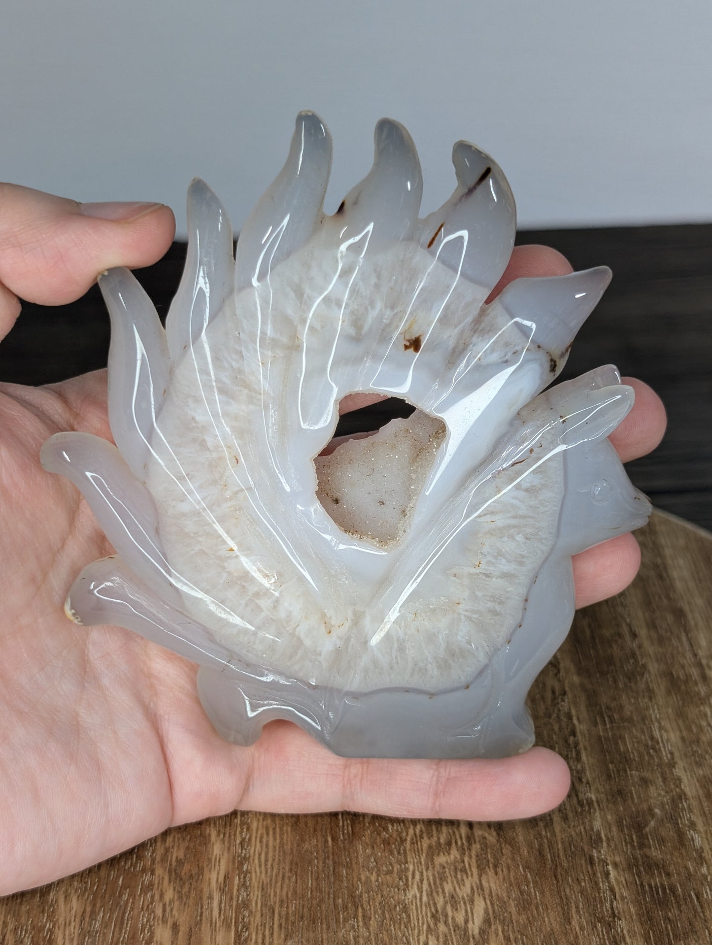 Druzy Agate Nine Tail Fox Carving w/ Stand (P38)
