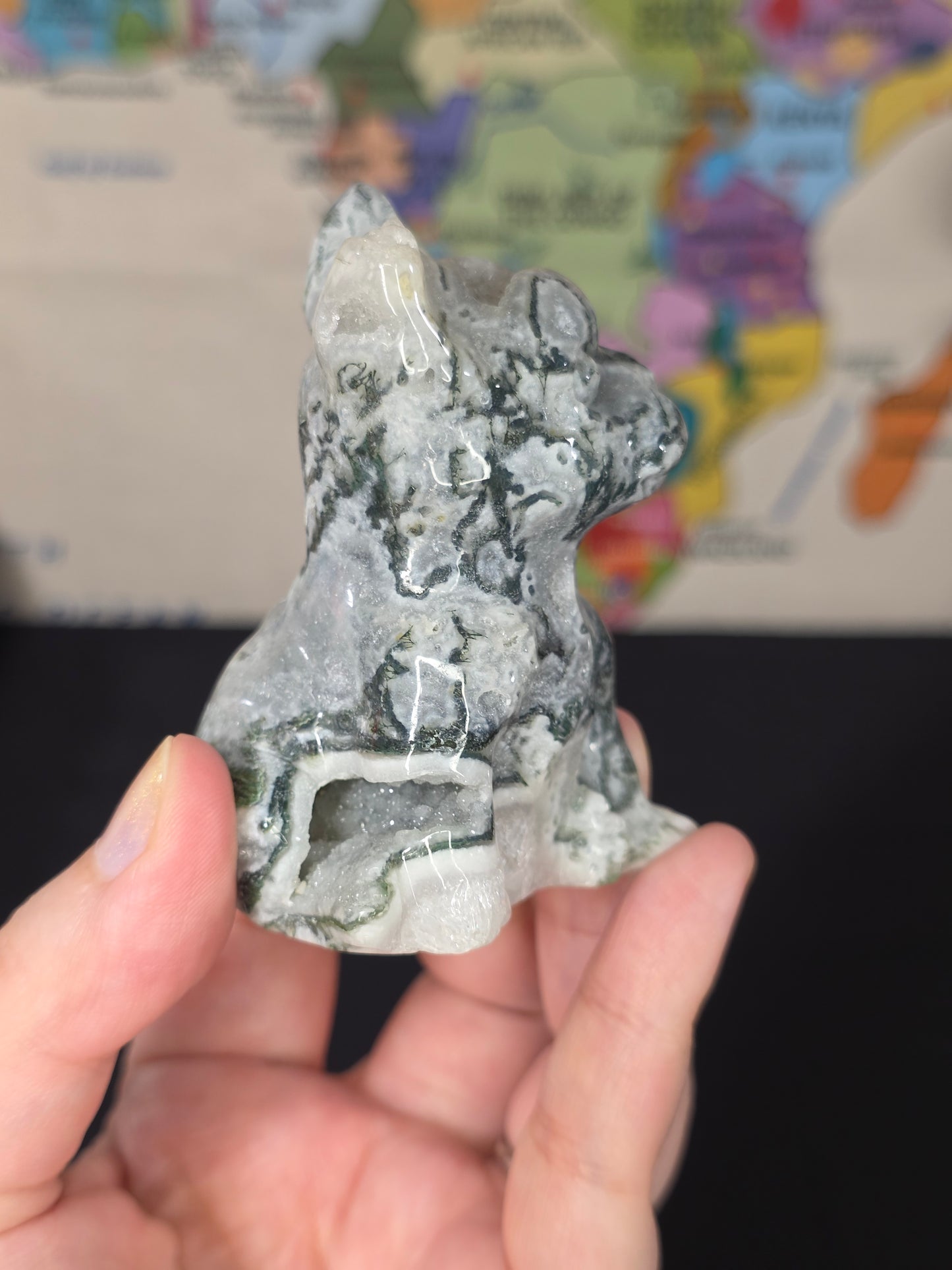 Druzy Moss Agate Frenchie Carving