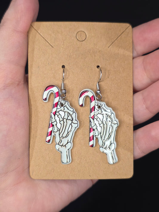 Candy Cane Skeleton Hands Acrylic Earrings