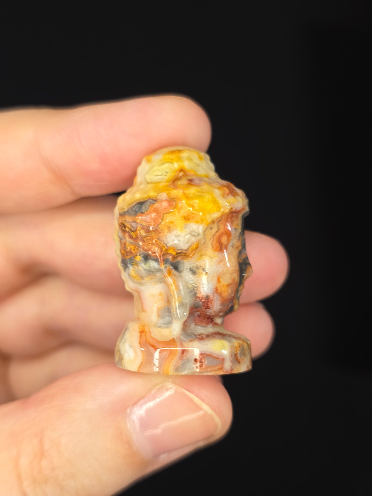 Yellow Crazy Lace Agate Buddha Head Carving