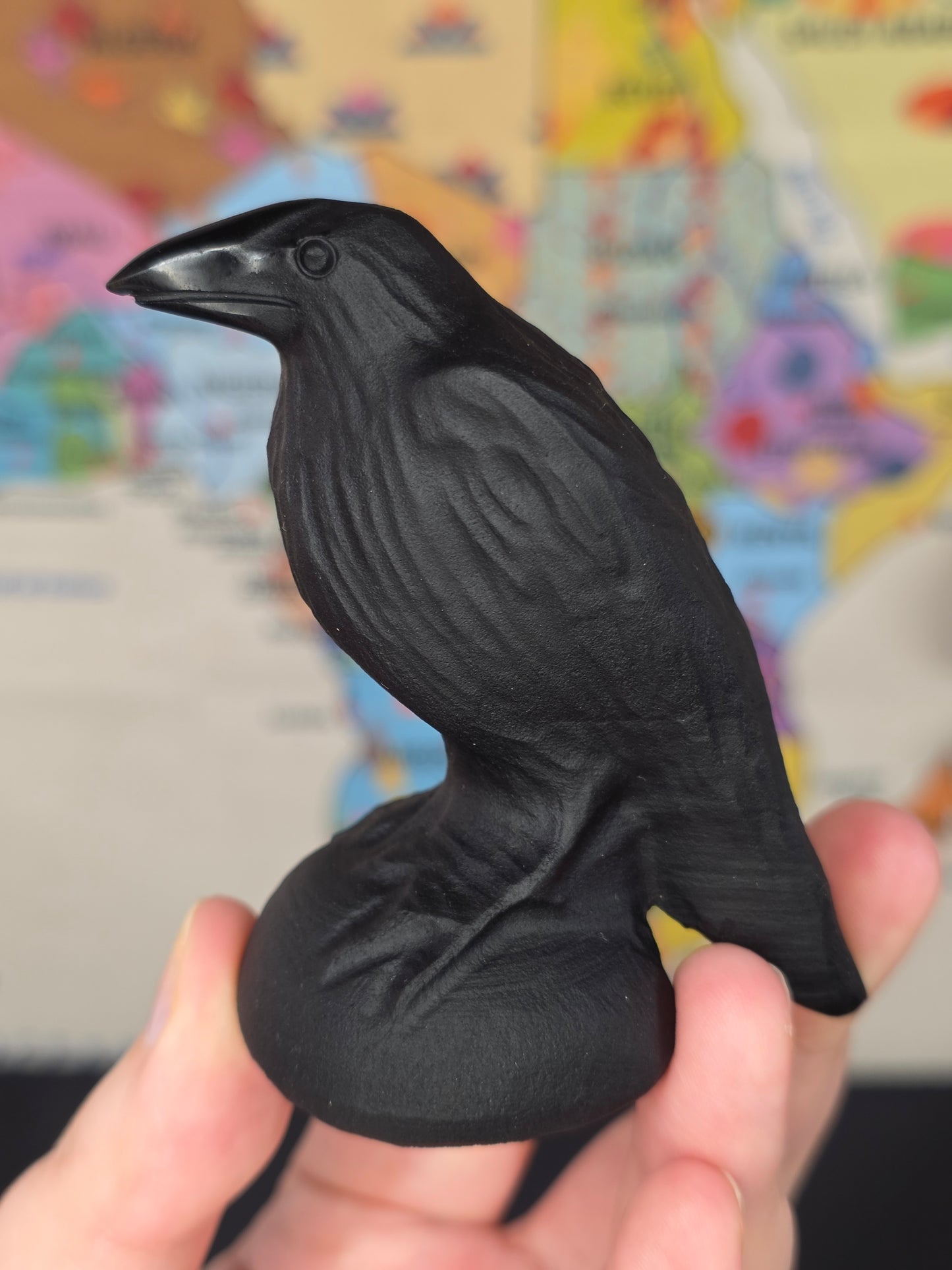 Matte Black Obsidian Raven Carving
