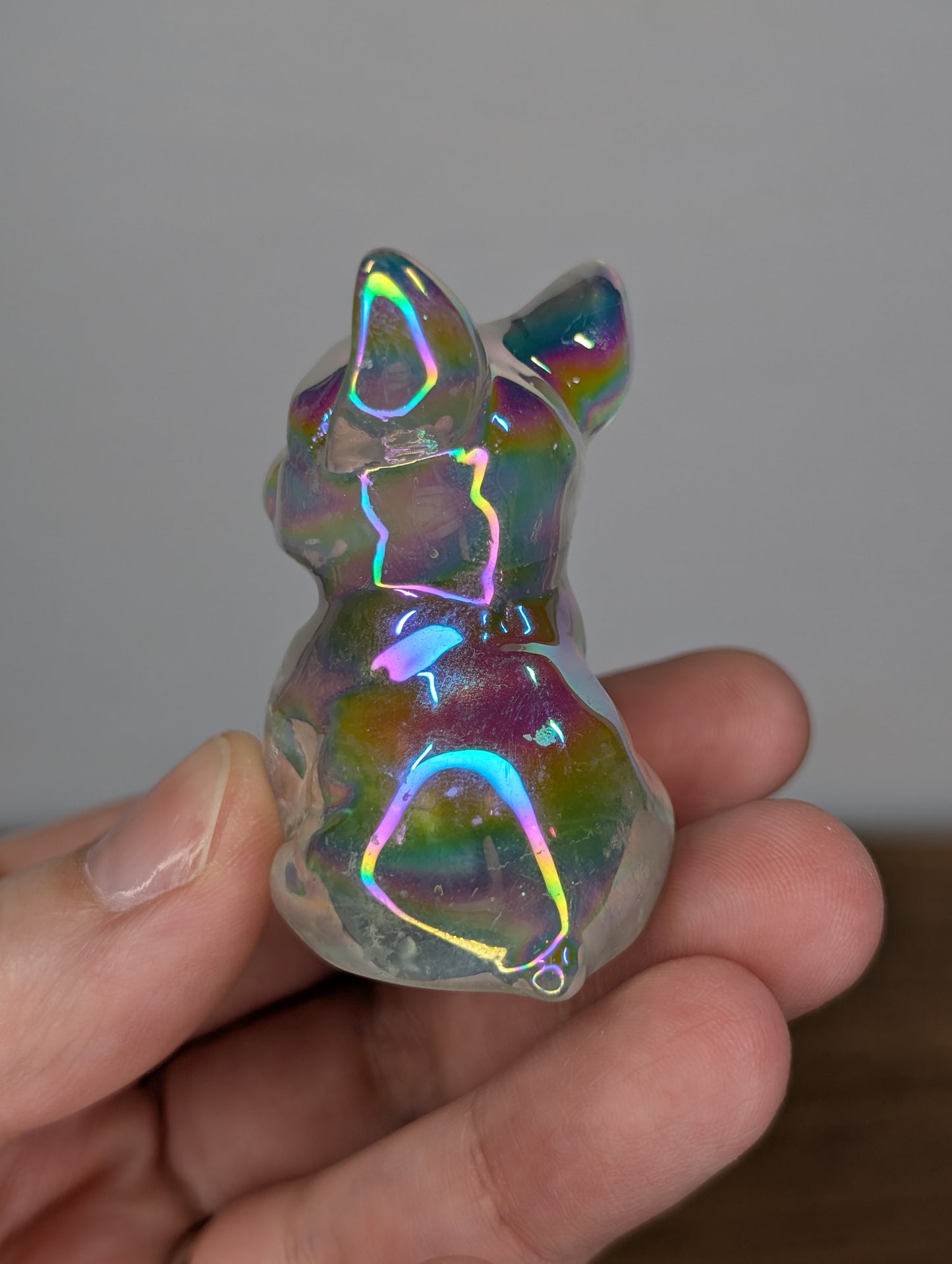 Aura Coated Clear Quartz Frenchie Carving (W84)