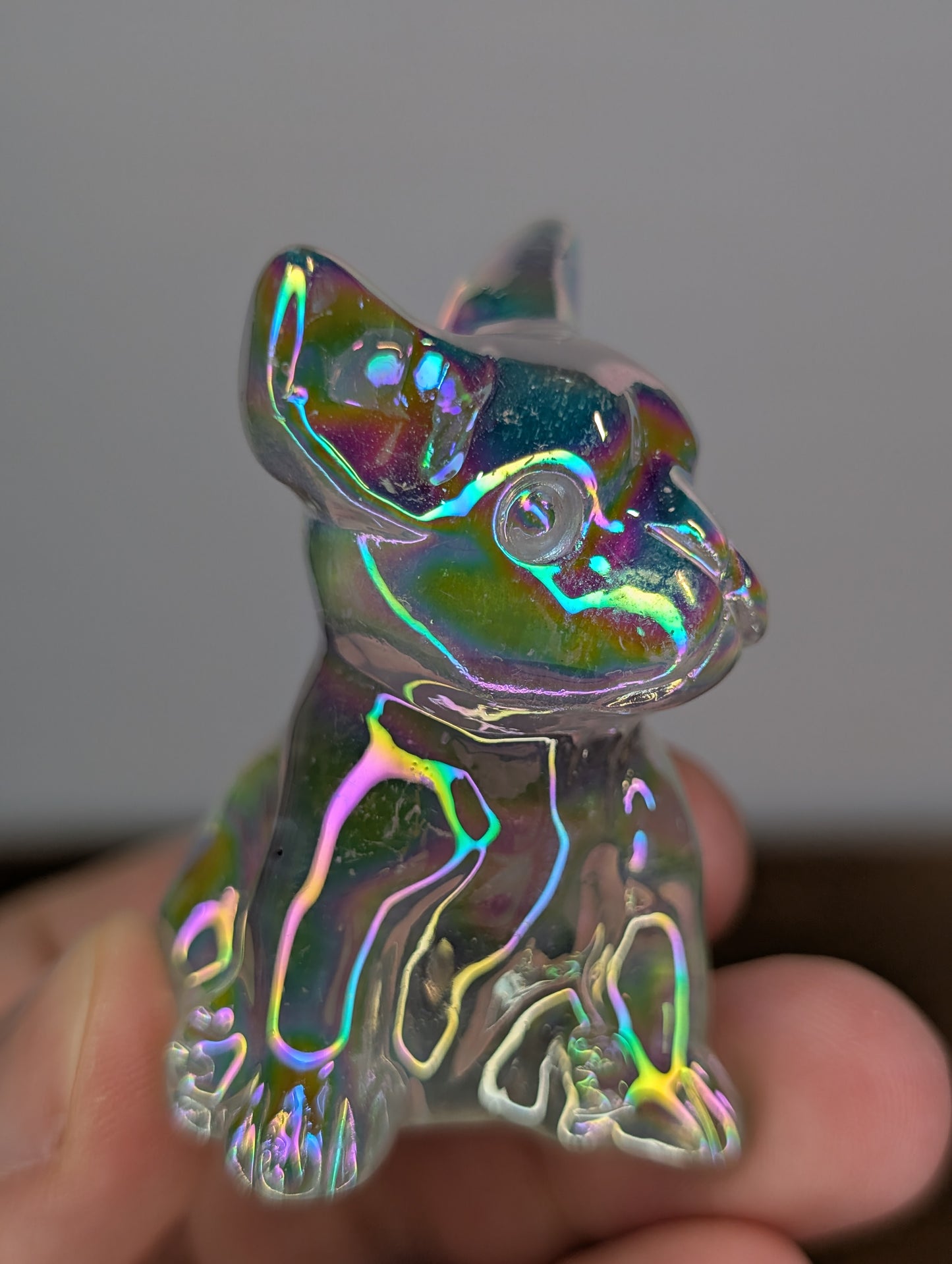 Aura Coated Clear Quartz Frenchie Carving (W84)