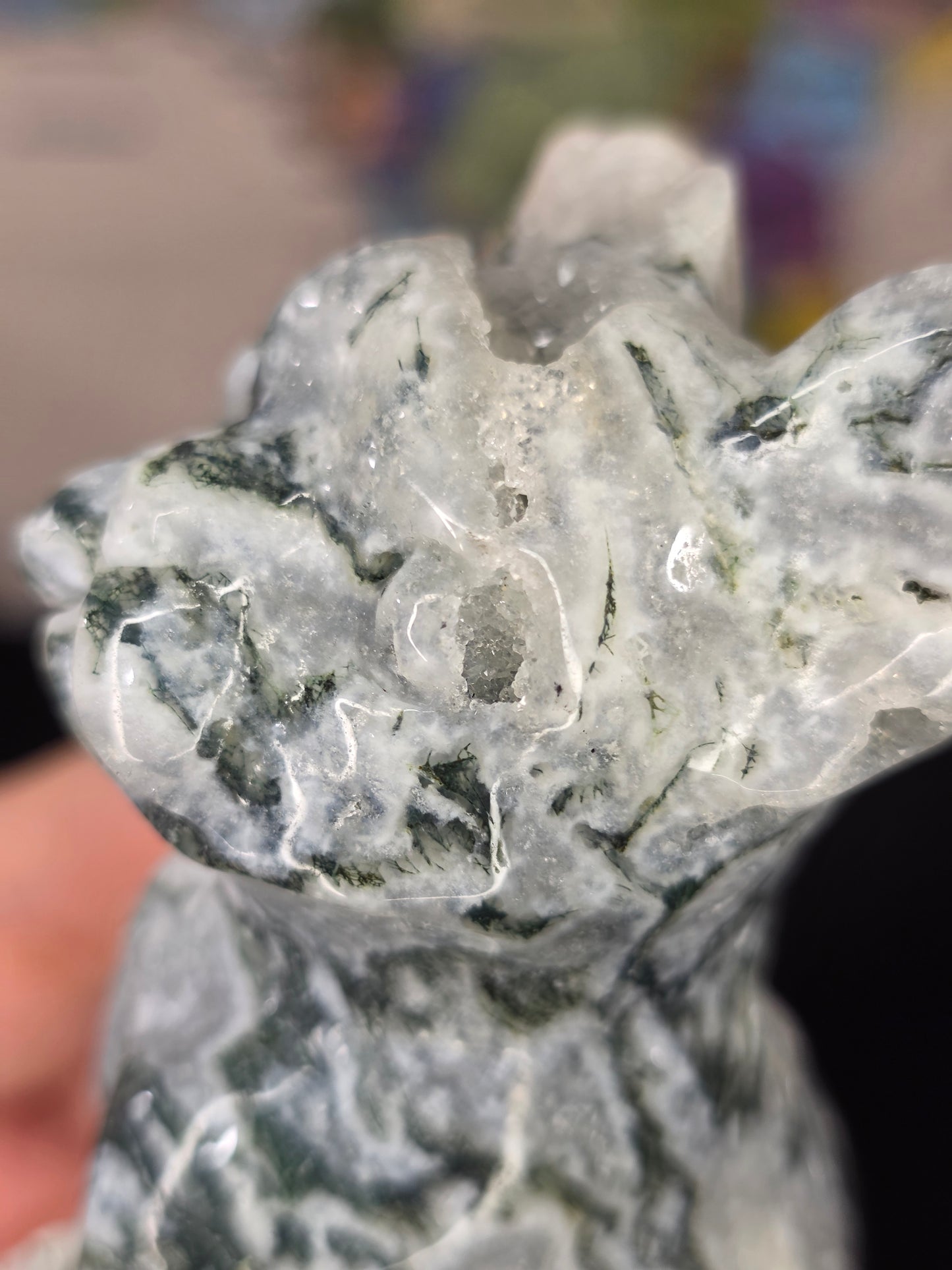 Druzy Moss Agate Frenchie Carving