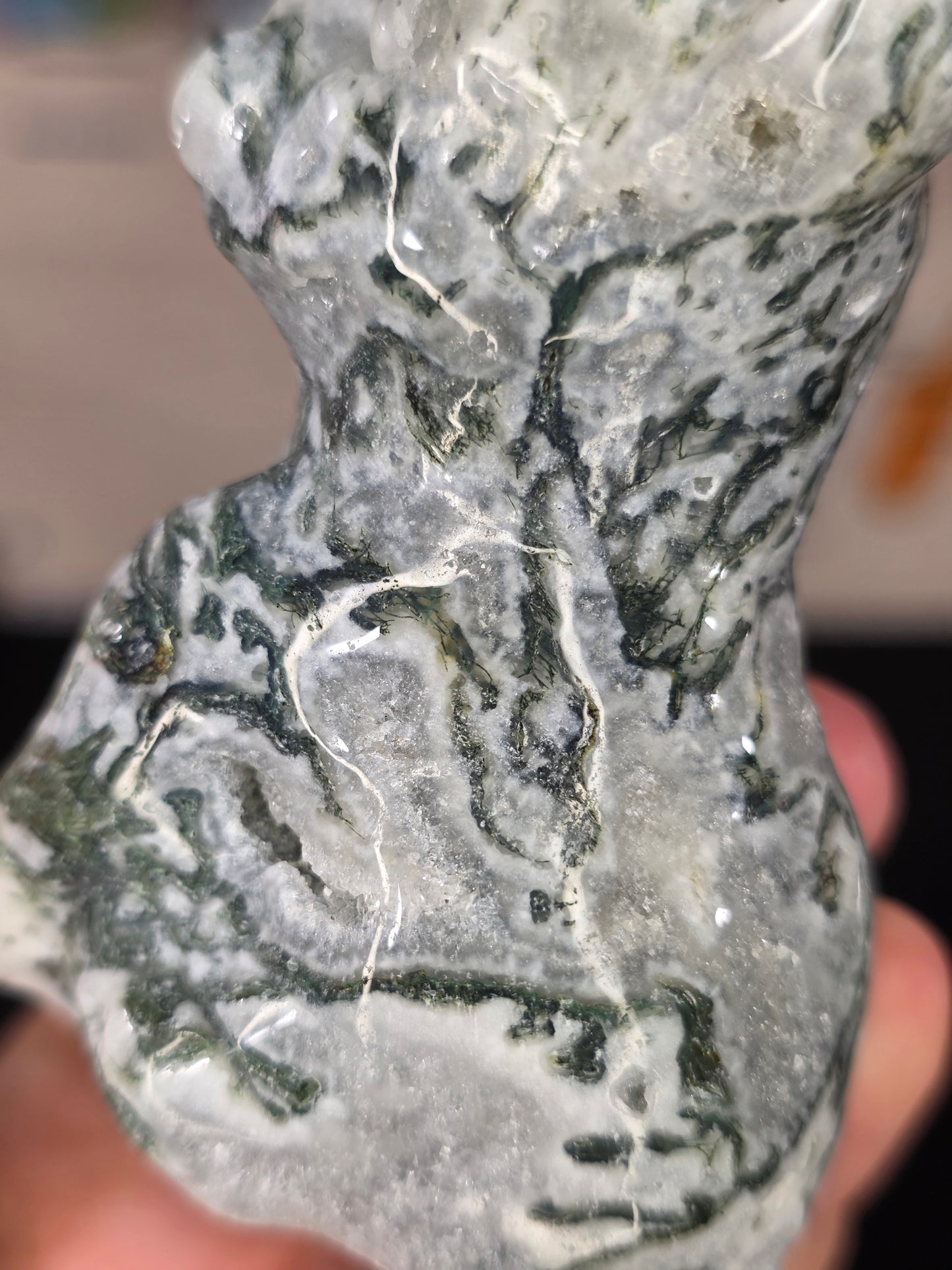 Druzy Moss Agate Frenchie Carving