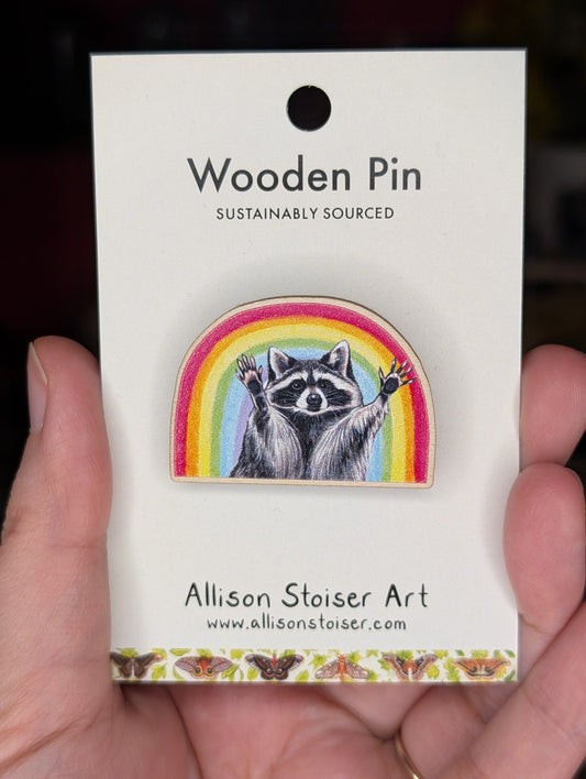 Wooden Raccoon Rainbow Pin