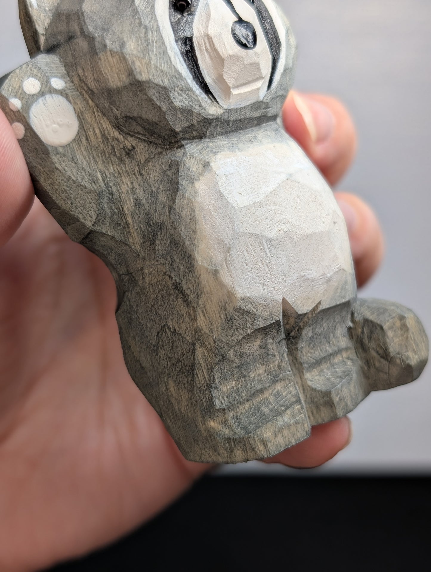 Hand painted wooden raccoon carvings