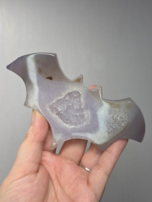 Druzy Agate Bat Carving w/ Acrylic Stand