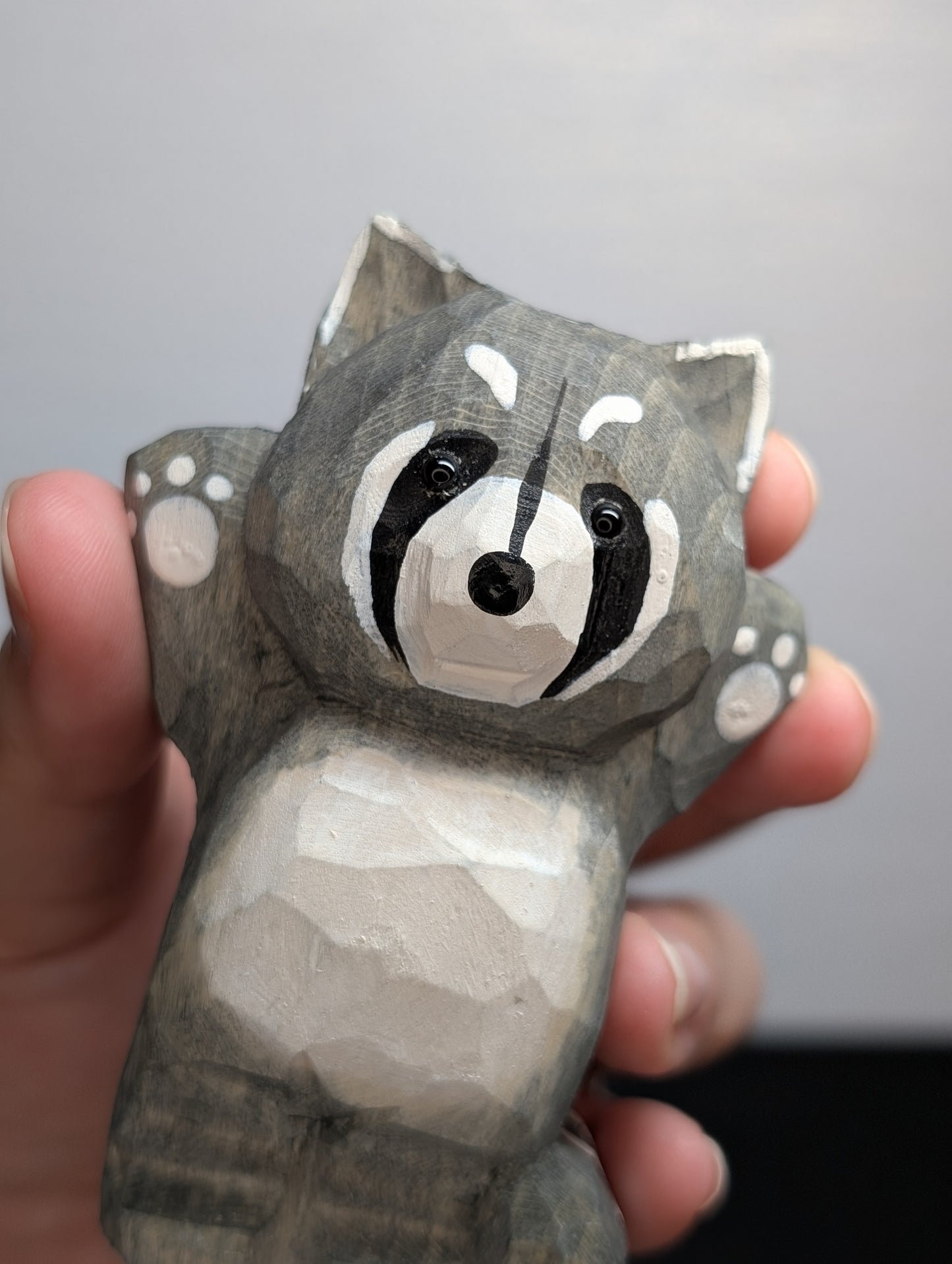 Hand painted wooden raccoon carvings